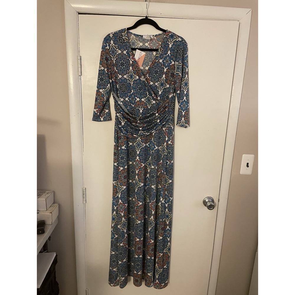 Honey & Lace 3/4 Sleeve Faux Wrap Print Maxi Dress Large Vacation EUC Geometric